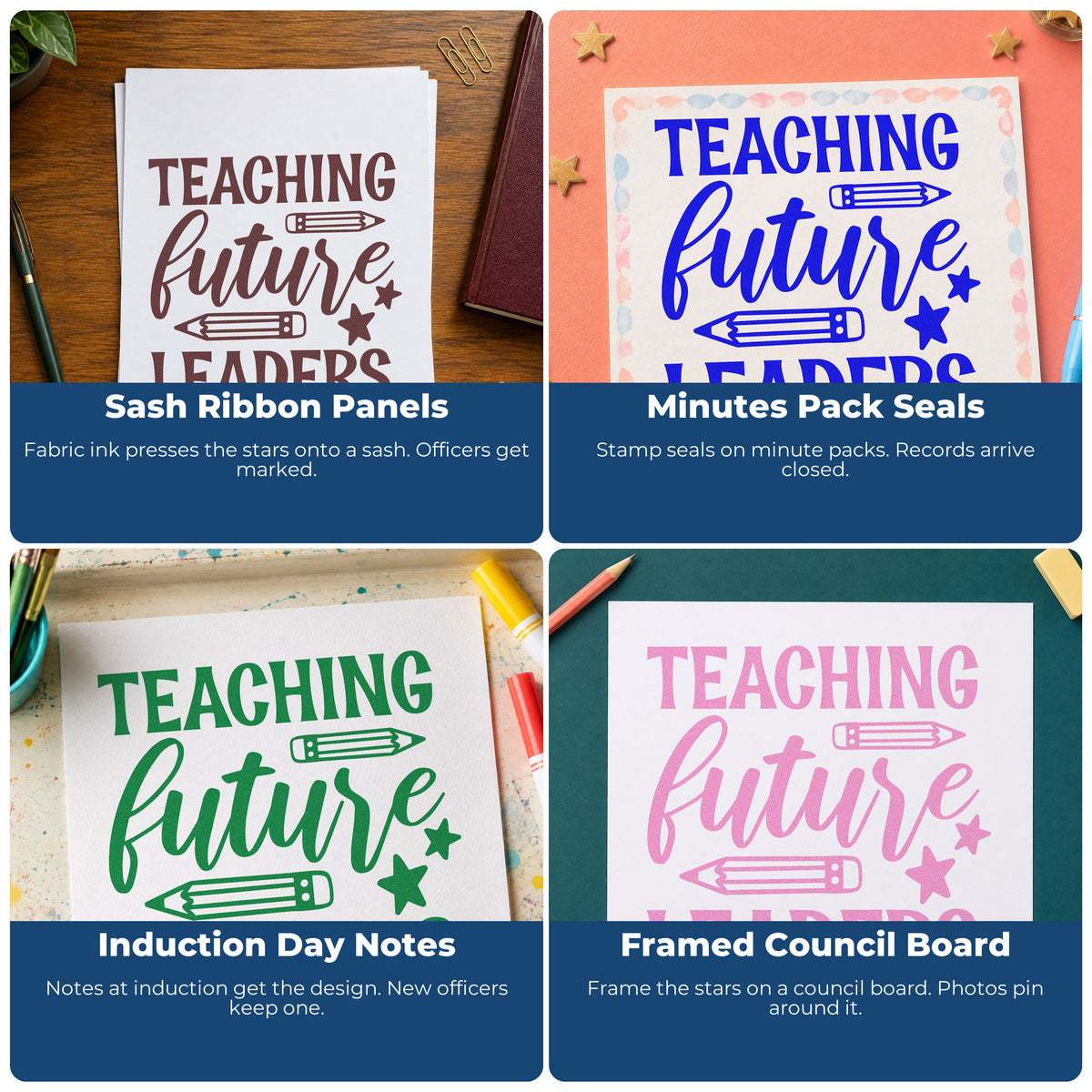 Four ways to use the Teaching Future Leaders Pencils Rubber Stamp – Duo Hand: sash ribbon panels, minutes pack seals, induction day notes and framed council board.