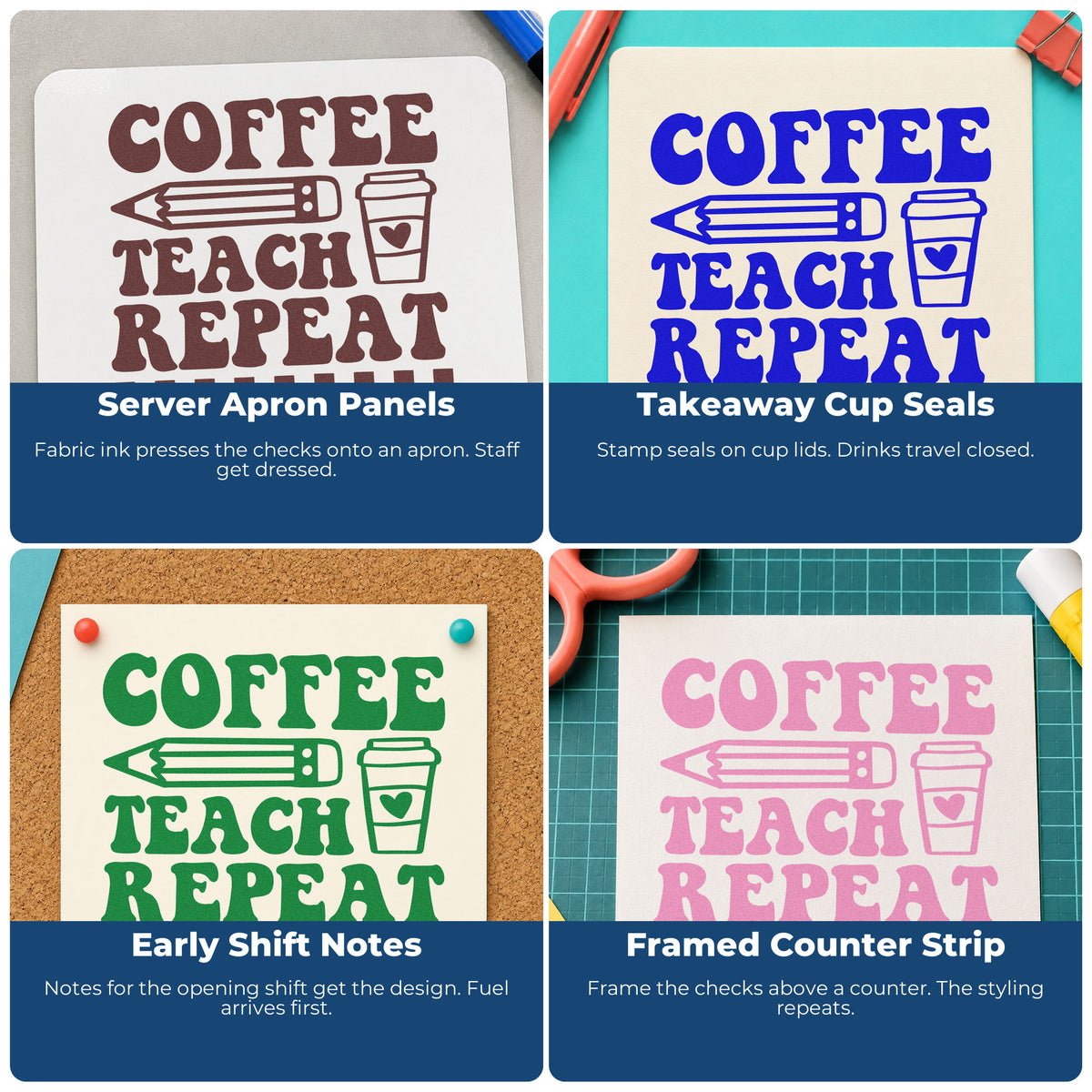 Four ways to use the Coffee Teach Repeat Slim Pre-Inked Stamp: server apron panels, takeaway cup seals, early shift notes and framed counter strip.