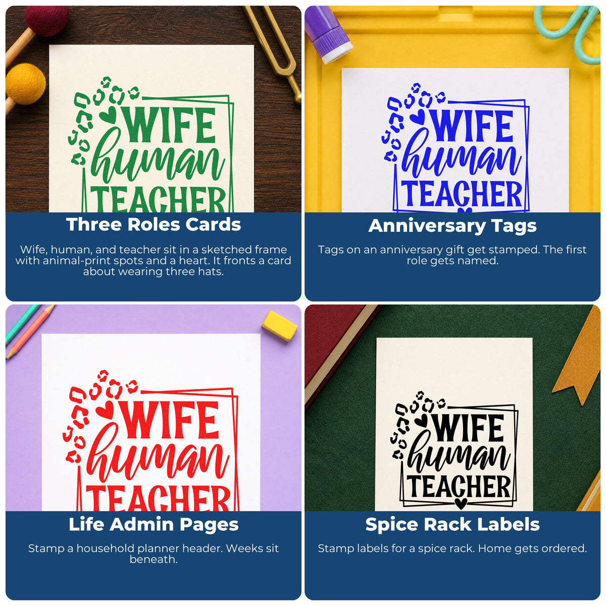 Four ways to use the Duo Hand Wife Human Teacher Frame Rubber Stamp: three roles cards, anniversary tags, life admin pages and spice rack labels.