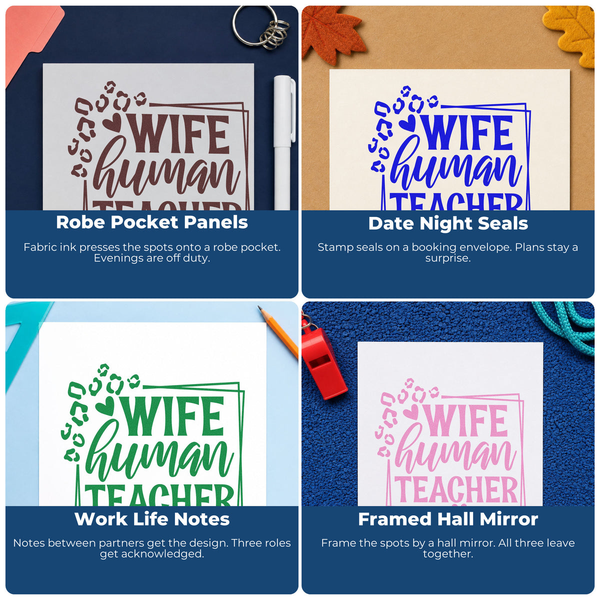 Four ways to use the Vintage Pro Wife Human Teacher Frame Premium Wooden Stamp: robe pocket panels, date night seals, work life notes and framed hall mirror.
