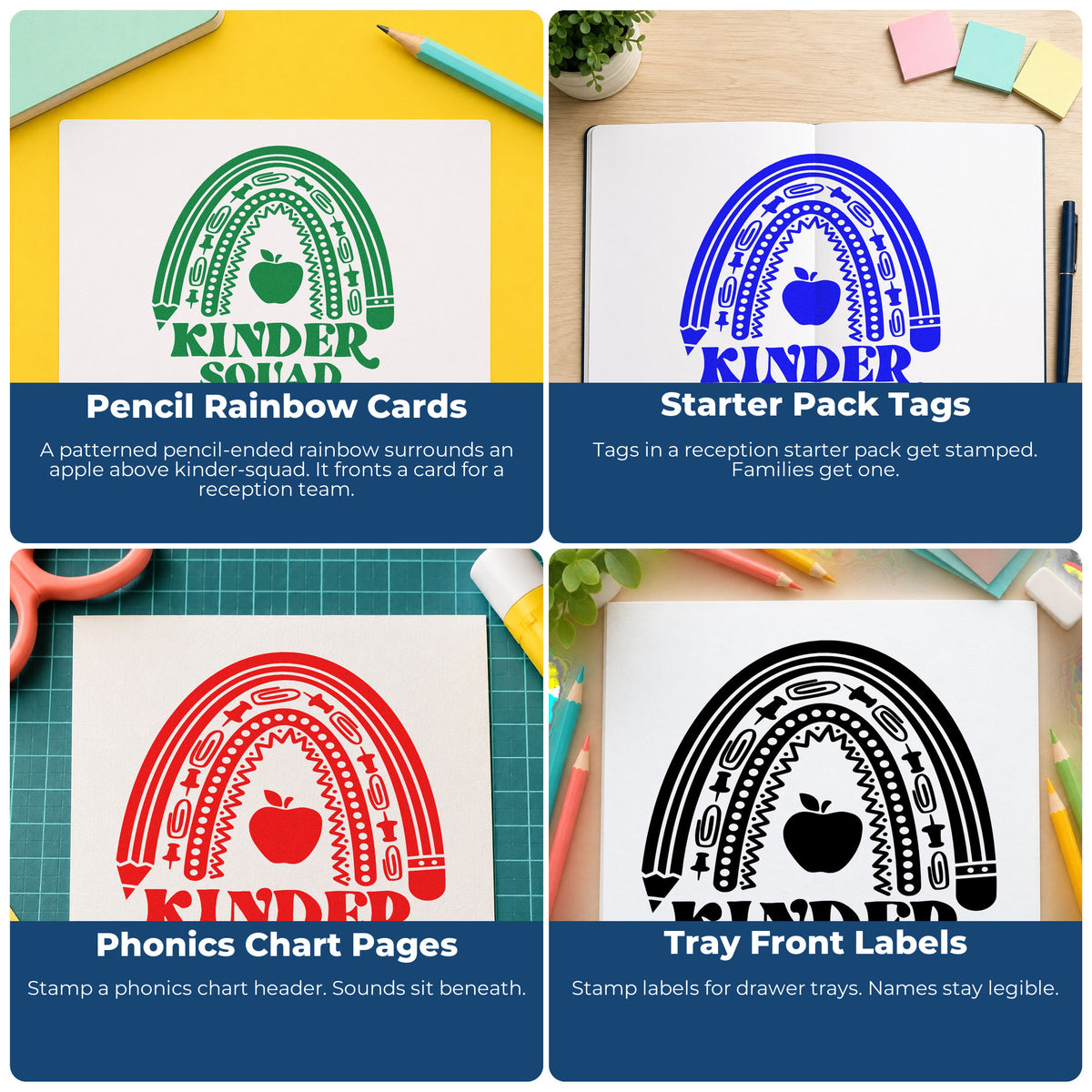Four ways to use the Kinder Squad Rainbow Apple Pencil Hand Stamp – Duo: pencil rainbow cards, starter pack tags, phonics chart pages and tray front labels.