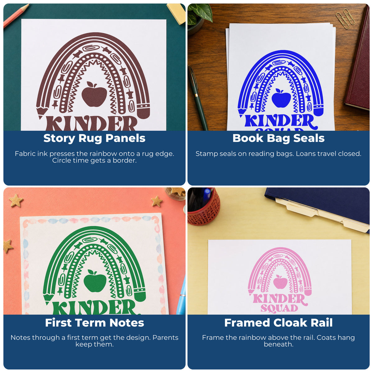 Four ways to use the Kinder Squad Rainbow Apple Pencil Rubber Stamp – Wood Handle: story rug panels, book bag seals, first term notes and framed cloak rail.