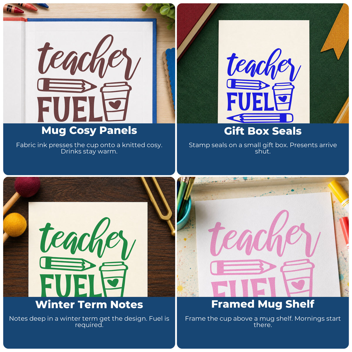 Four ways to use the Teacher Fuel Coffee Pencils Premium Wooden Stamp - Vintage Pro: mug cozy panels, gift box seals, winter term notes and framed mug shelf.