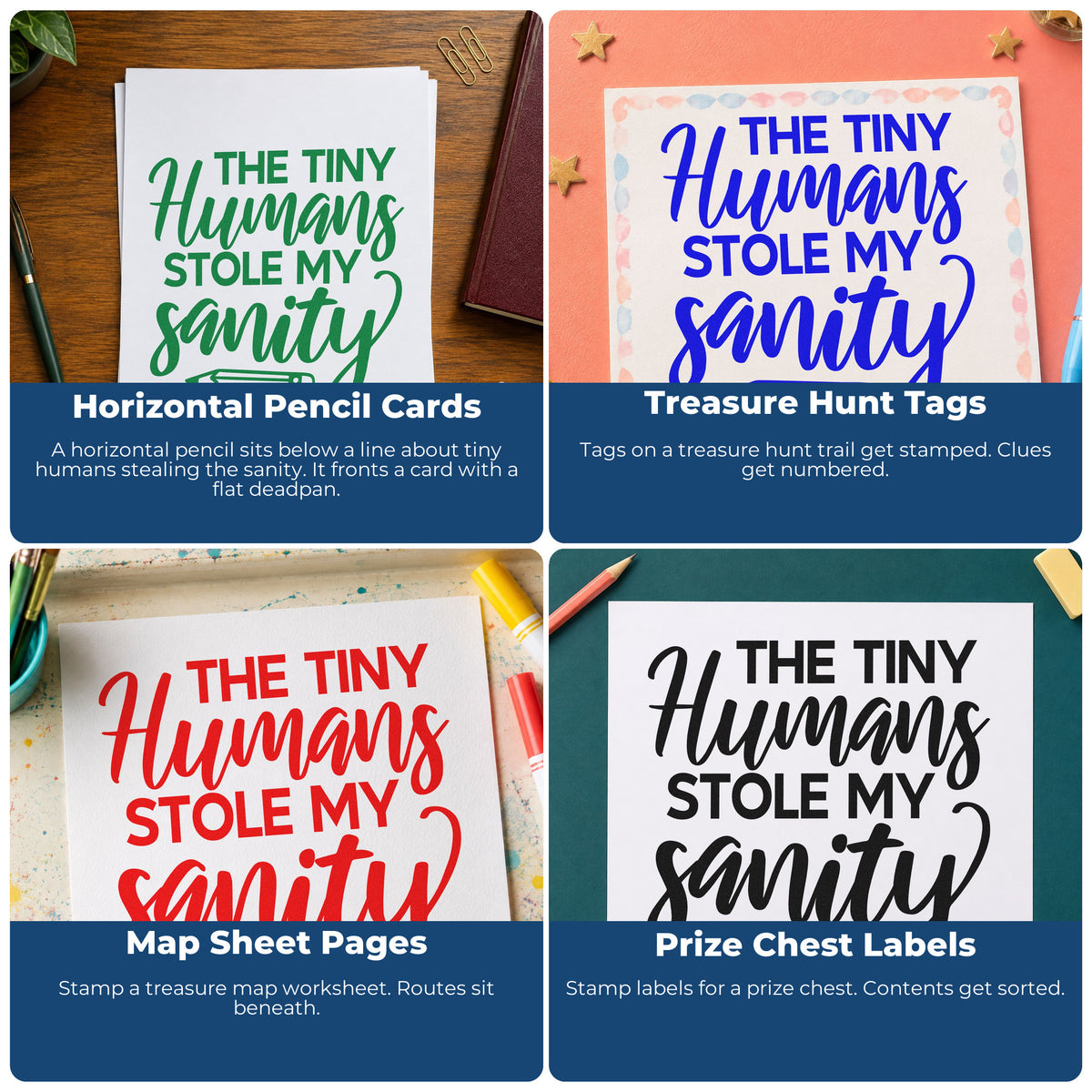 Four ways to use the The Tiny Humans Stole My Sanity Rubber Stamp – Duo Hand: horizontal pencil cards, treasure hunt tags, map sheet pages and prize chest labels.