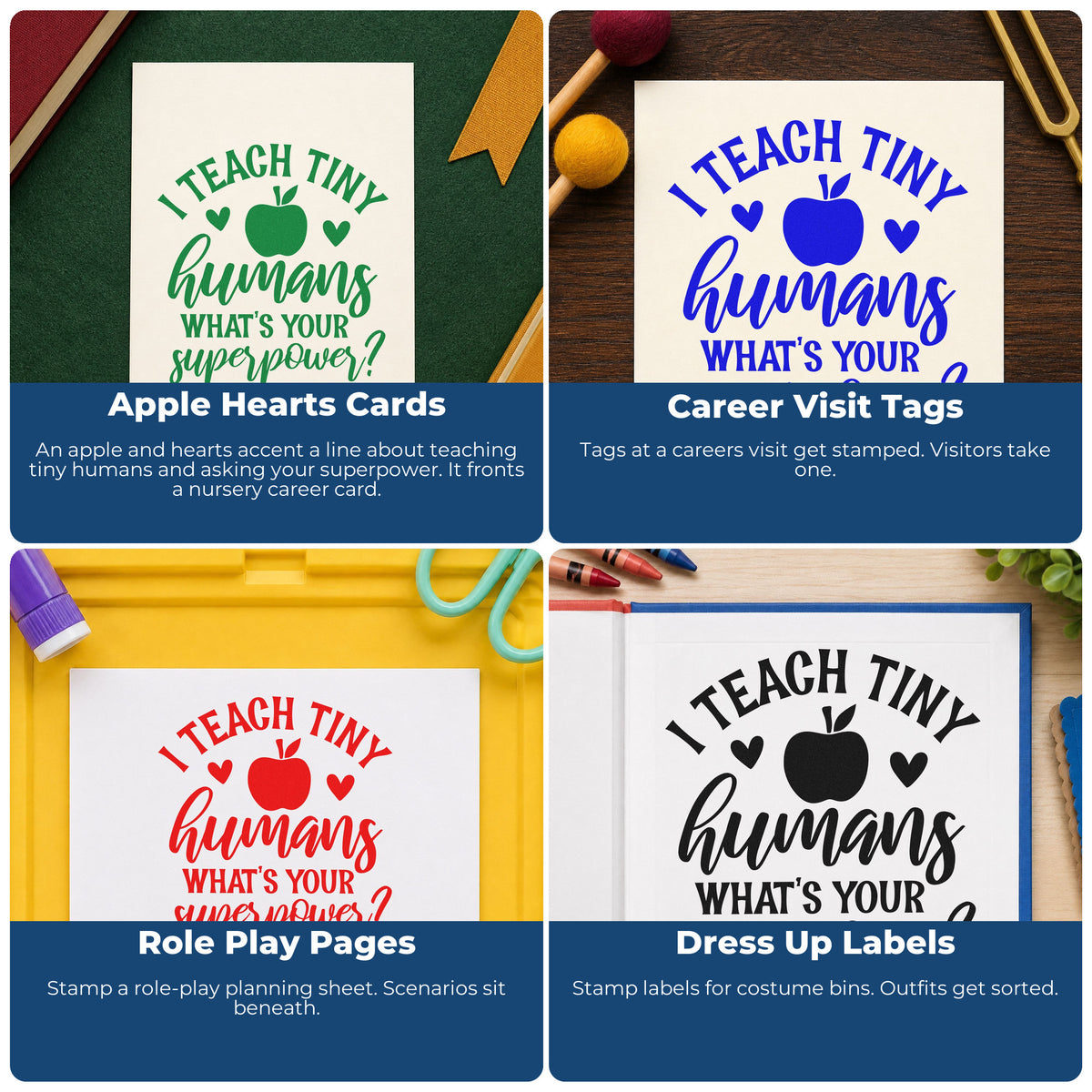 Four ways to use the Teach Tiny Humans Superpower Rubber Stamp – Wood Handle: apple hearts cards, career visit tags, role play pages and dress up labels.