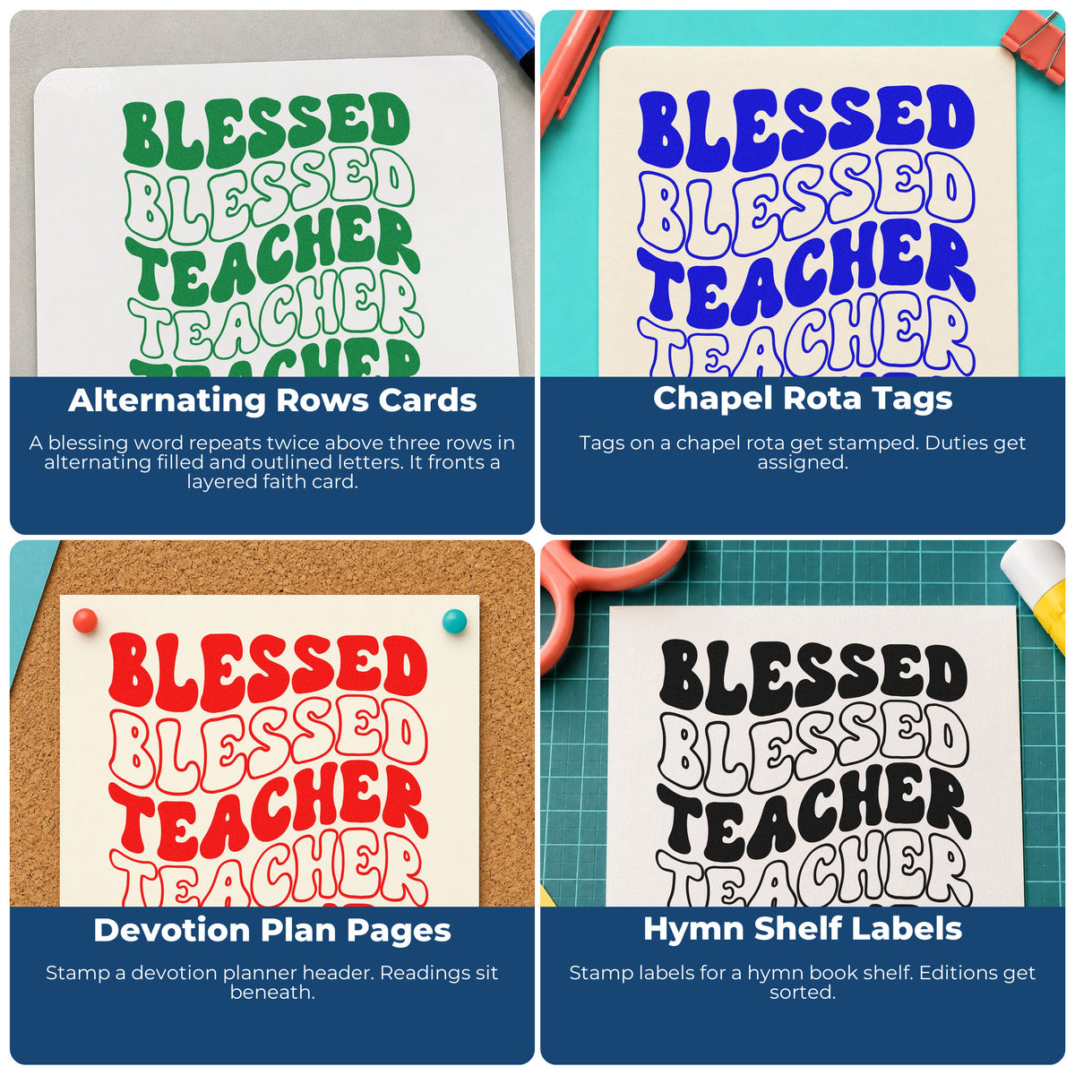 Four ways to use the Blessed Teacher Repeated Rows Outline Detail Wood-Mounted Rubber Stamp: alternating rows cards, chapel rota tags, devotion plan pages and hymn shelf labels.
