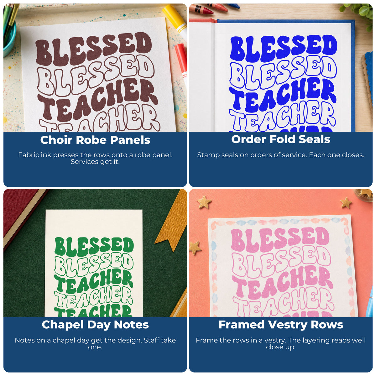 Four ways to use the Blessed Teacher Repeated Rows Outline Detail Hand Stamp – Duo: choir robe panels, order fold seals, chapel day notes and framed vestry rows.