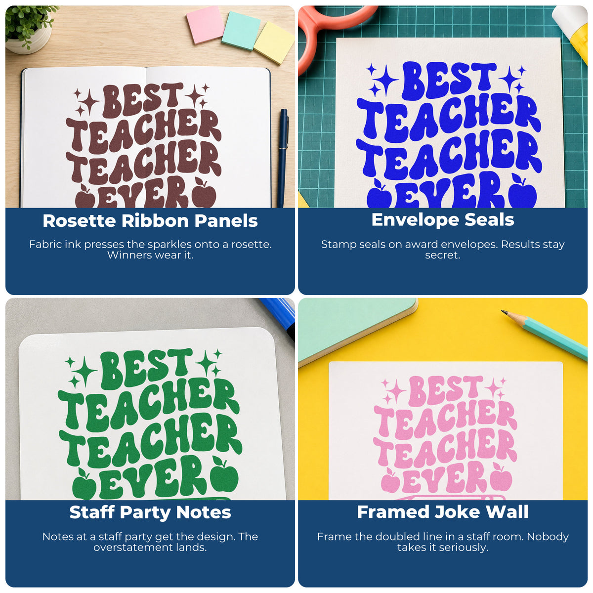 Classroom rubber stamps for teachers, with ideas for student work, bulletin boards, SEL, and hall passes.