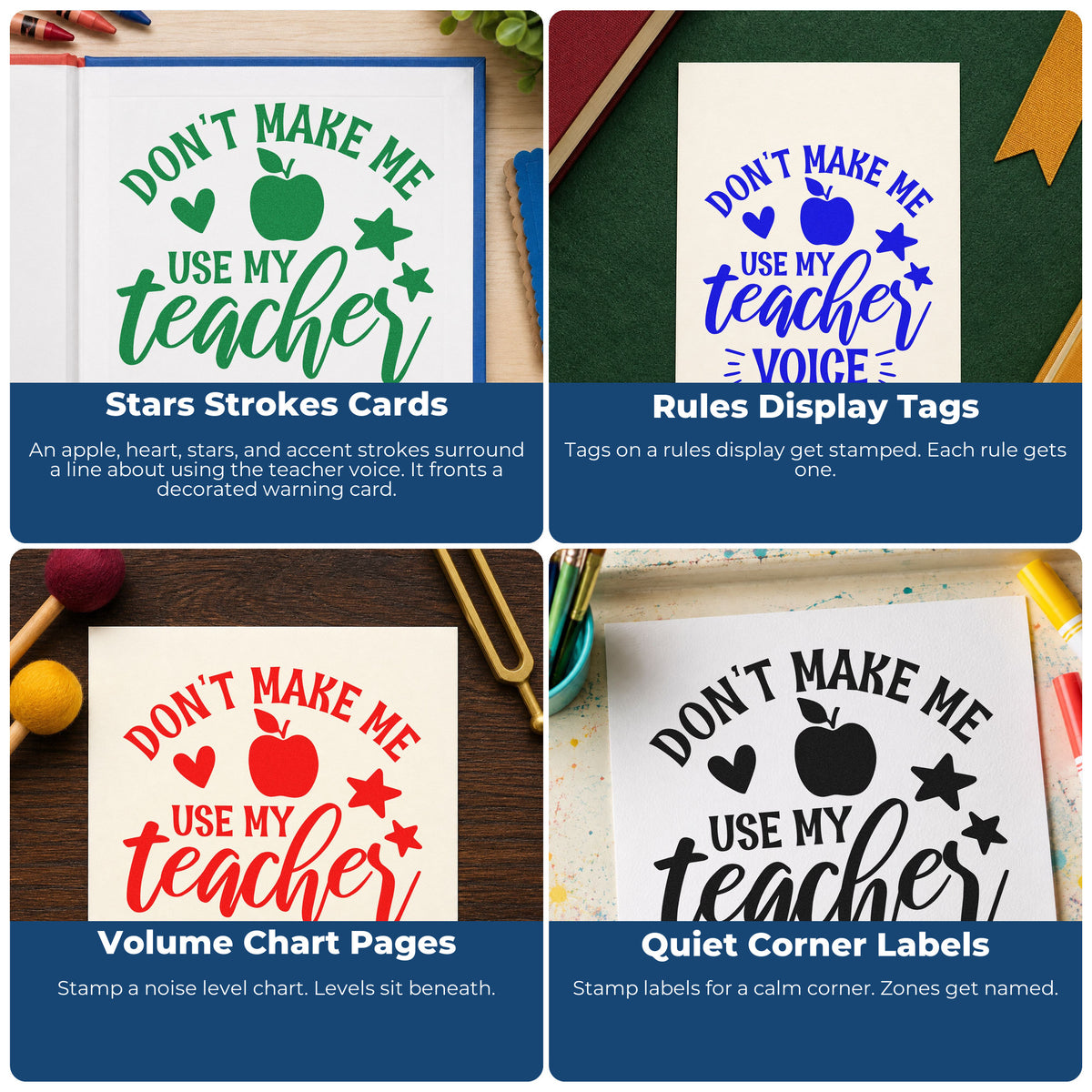 Four ways to use the Don't Make Me Use My Teacher Voice Apple Stamp – PSI Pre-Inked: stars strokes cards, rules display tags, volume chart pages and quiet corner labels.