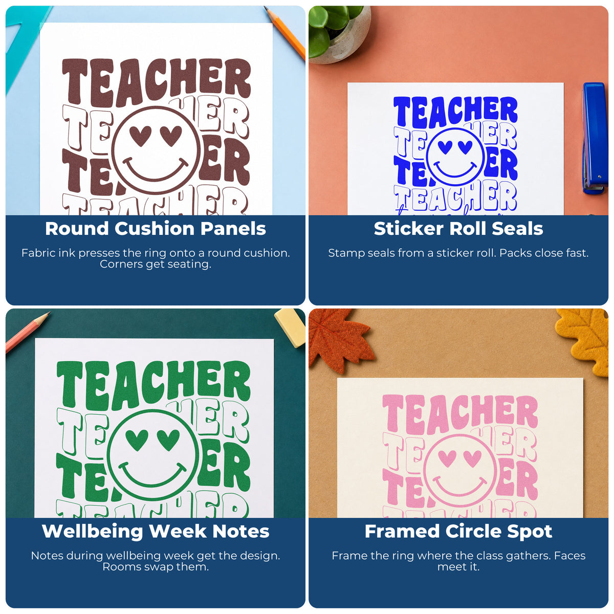 Four ways to use the Teacher Repeated Heart Eyed Smile Hand Stamp – Duo: round cushion panels, sticker roll seals, wellbeing week notes and framed circle spot.