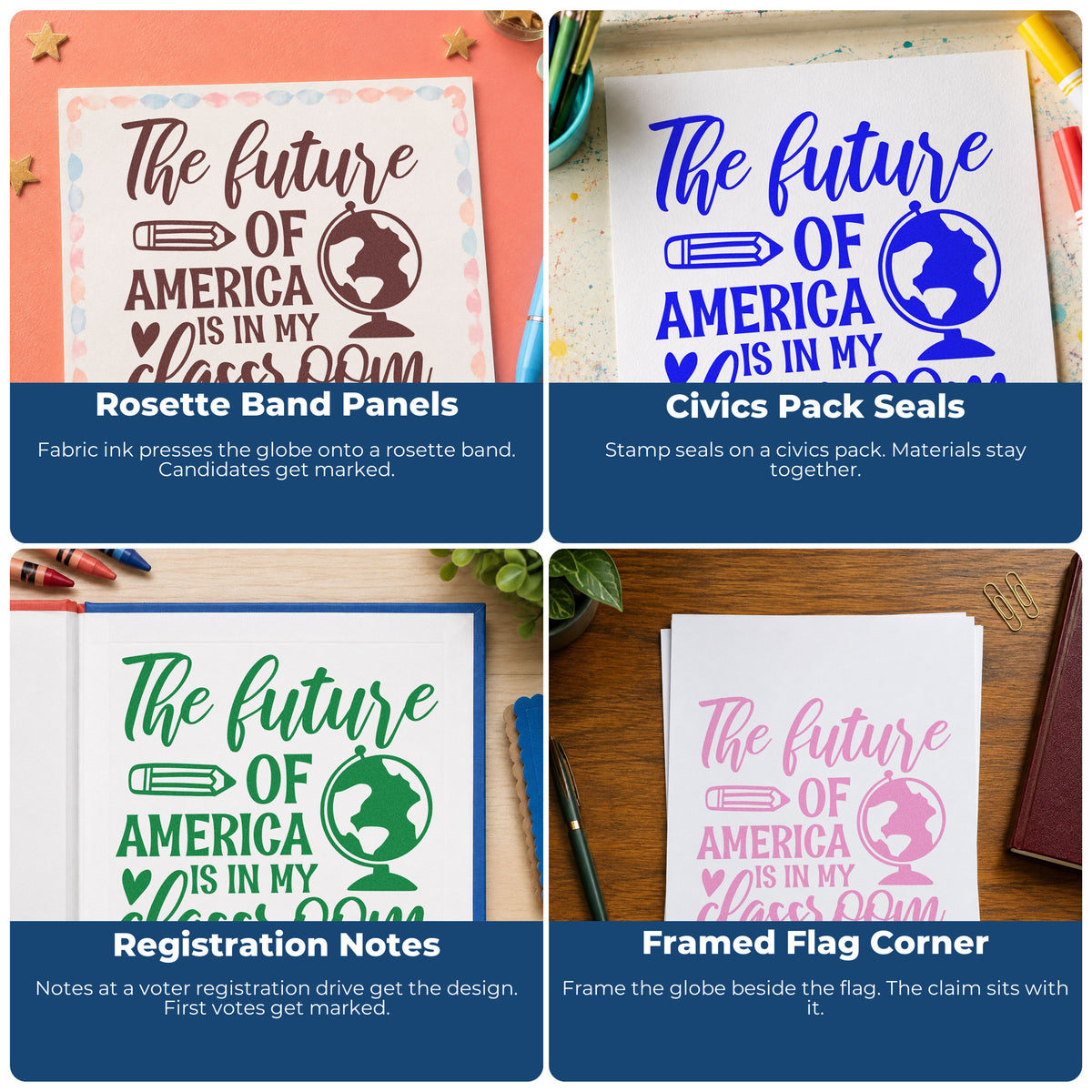 Four ways to use the Future America In My Classroom Pre-Inked Stamp – PSI: rosette band panels, civics pack seals, registration notes and framed flag corner.