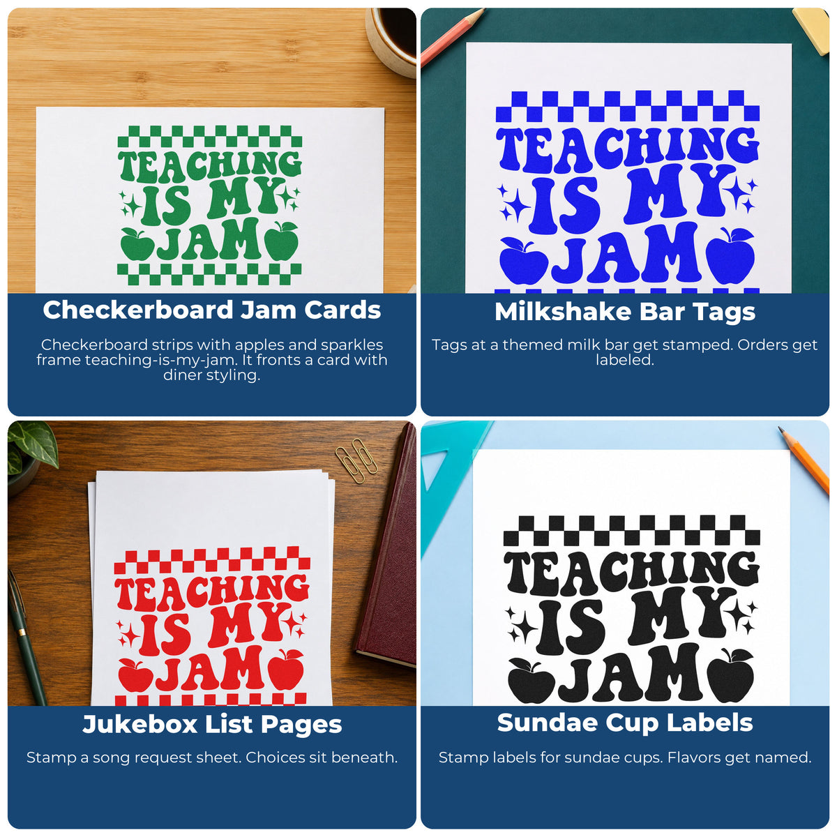 Four ways to use the Teaching Is My Jam Checkerboard Compact Pre-Inked Stamp – Slim: checkerboard jam cards, milkshake bar tags, jukebox list pages and sundae cup labels.