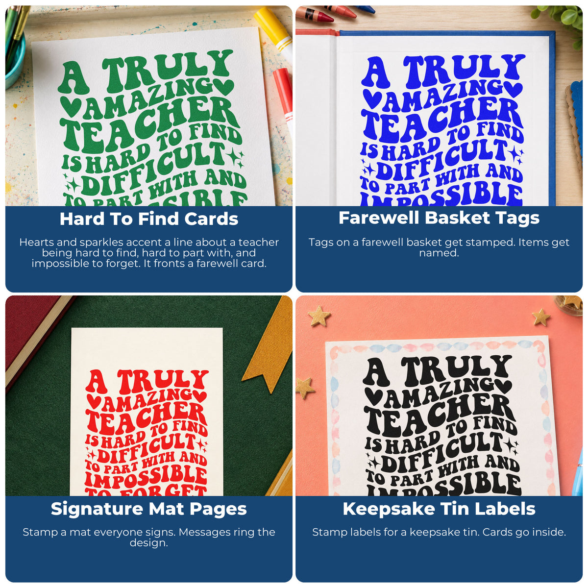 Four ways to use the Truly Amazing Teacher Word Art Stamp - Premium Vintage Pro Wooden: hard to find cards, farewell basket tags, signature mat pages and keepsake tin labels.