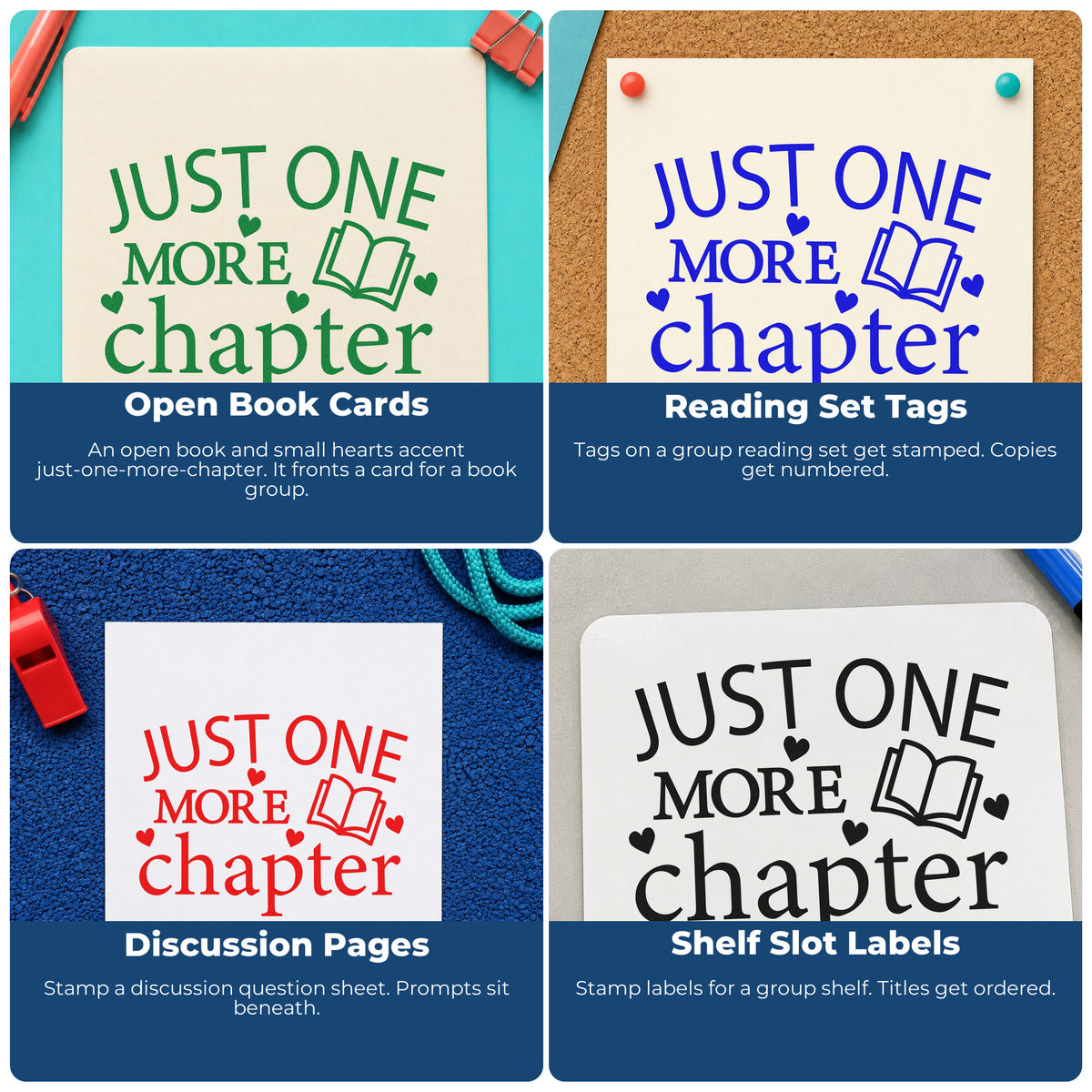 Four ways to use the Pre-Inked Just One More Chapter Book With Hearts Stamp – PSI: open book cards, reading set tags, discussion pages and shelf slot labels.