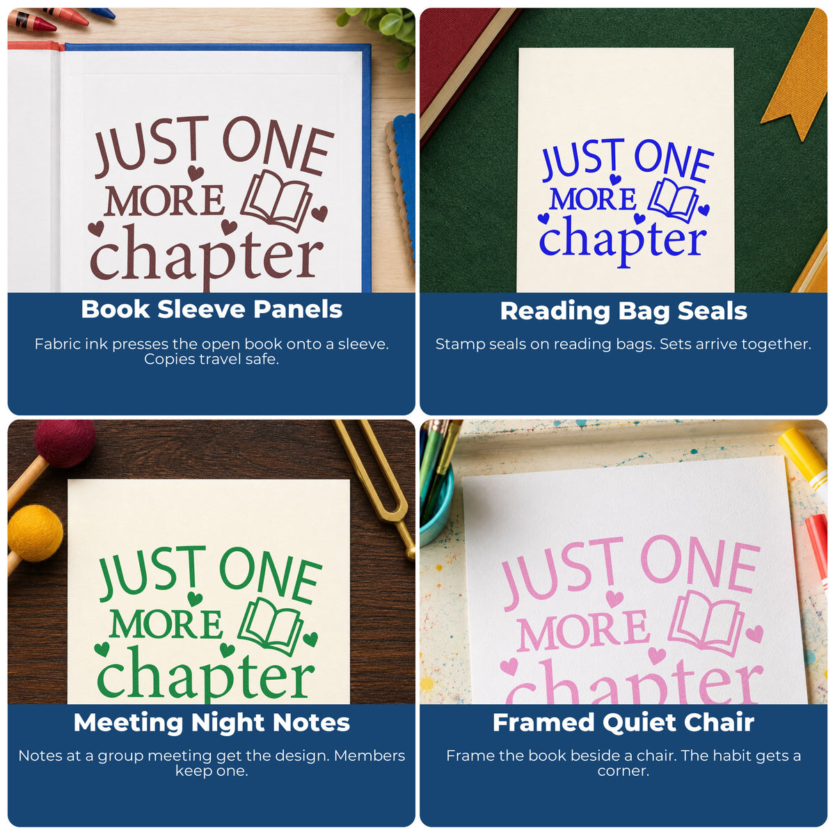 Four ways to use the Just One More Chapter Book With Hearts Pre-Inked Stamp – Slim: book sleeve panels, reading bag seals, meeting night notes and framed quiet chair.