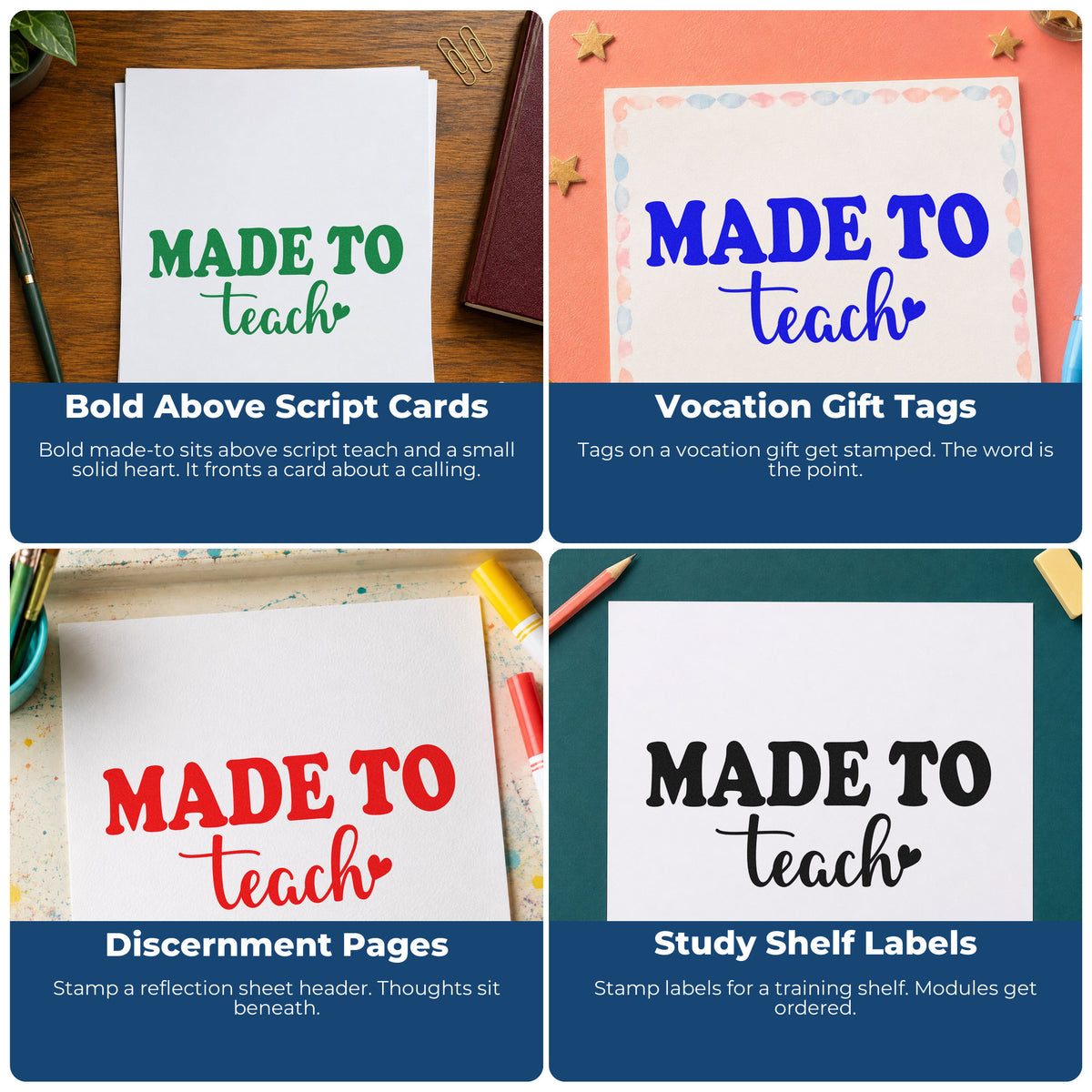 Four ways to use the Made To Teach Heart Script Lettering Duo Hand Stamp: bold above script cards, vocation gift tags, discernment pages and study shelf labels.