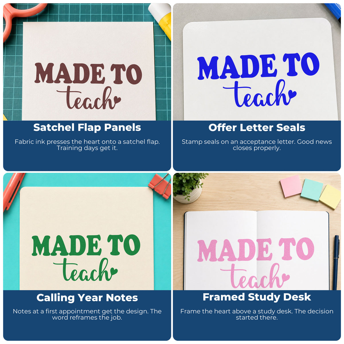 Four ways to use the Made To Teach Heart Script Lettering Rubber Stamp – Wood Handle: satchel flap panels, offer letter seals, calling year notes and framed study desk.