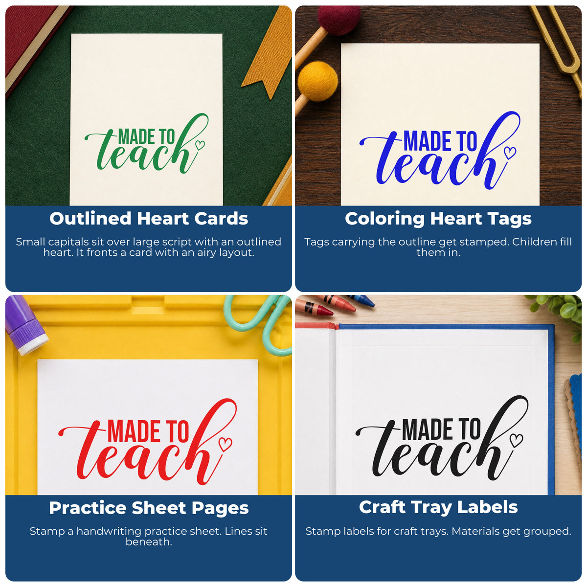 Four ways to use the Made To Teach Outline Heart Premium Wooden Stamp - Vintage Pro: outlined heart cards, coloring heart tags, practice sheet pages and craft tray labels.
