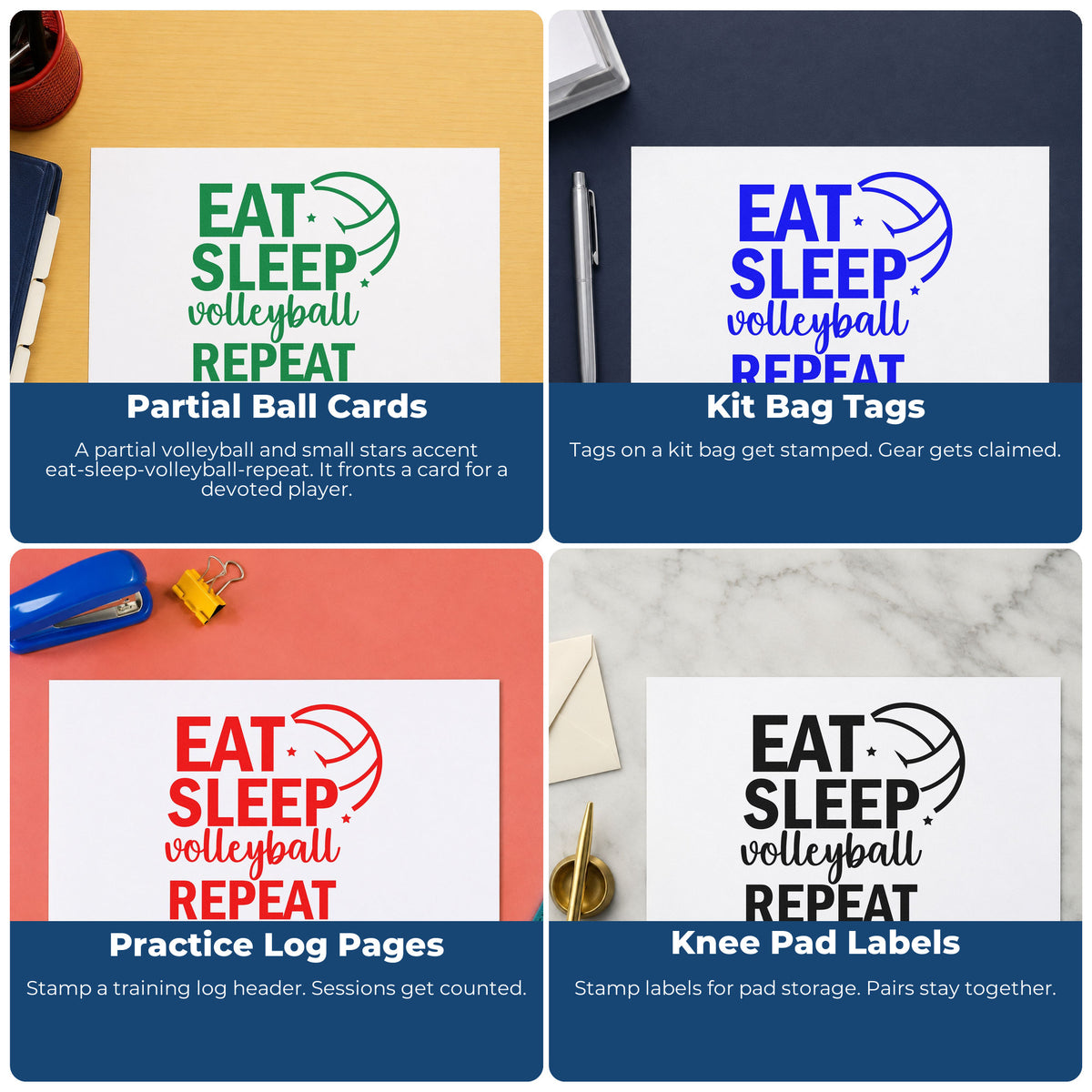 Four ways to use the Eat Sleep Volleyball Repeat Slim Pre-Inked Stamp: partial ball cards, kit bag tags, practice log pages and knee pad labels.