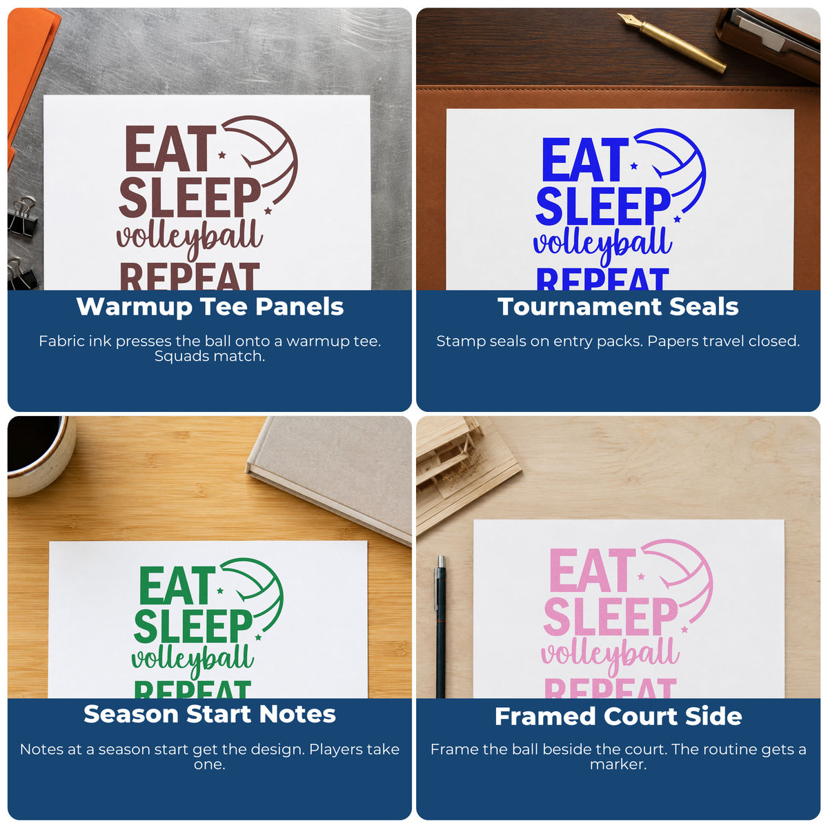 Four ways to use the Eat Sleep Volleyball Repeat Rubber Stamp – Duo Hand: warmup tee panels, tournament seals, season start notes and framed court side.