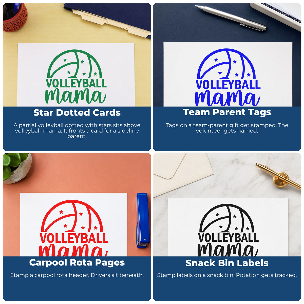 Four ways to use the Pre-Inked Volleyball Mama Ball With Stars Stamp – PSI: star dotted cards, team parent tags, carpool rota pages and snack bin labels.