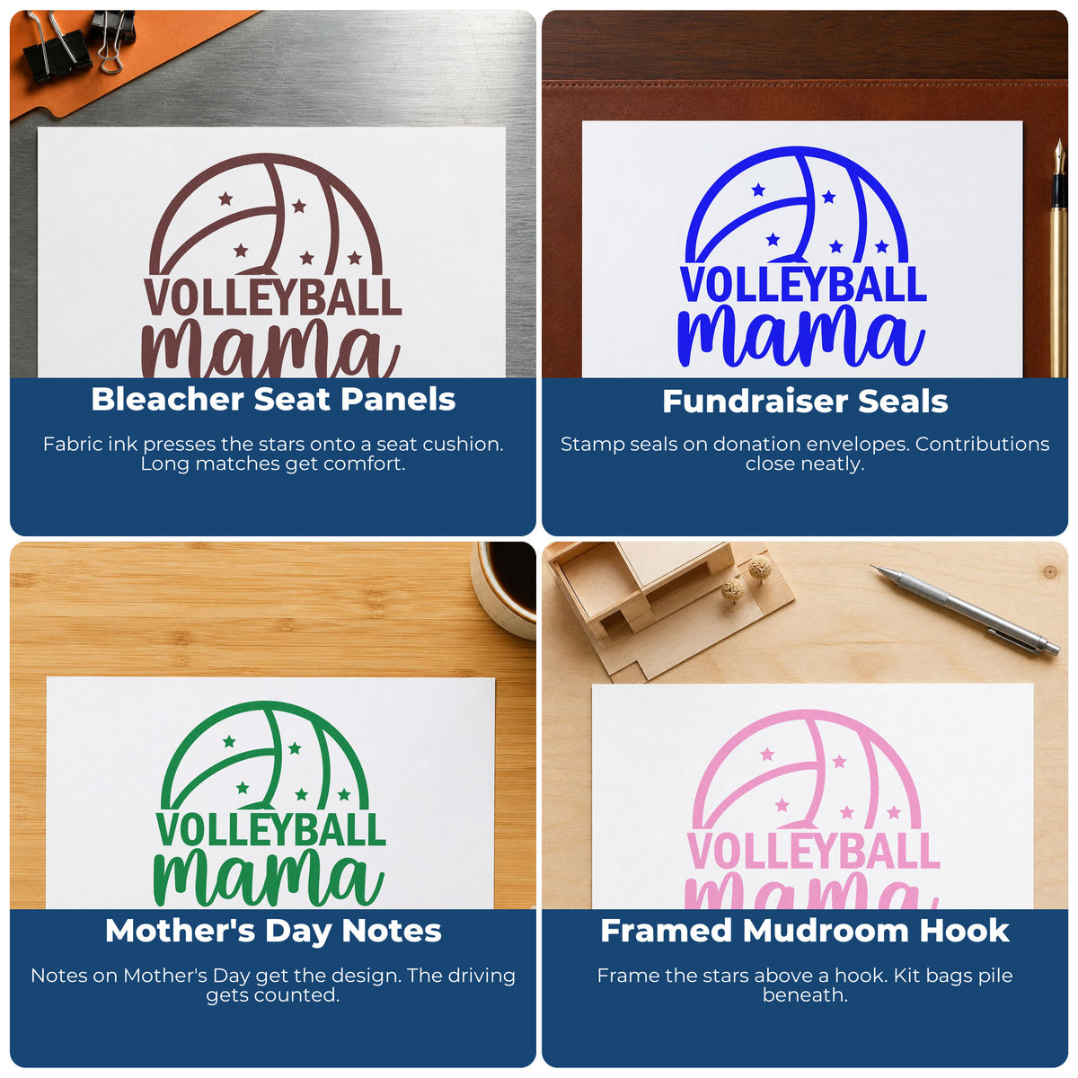 Four ways to use the Pre-Inked Volleyball Mama Ball With Stars Stamp – PSI: bleacher seat panels, fundraiser seals, mother's day notes and framed mudroom hook.
