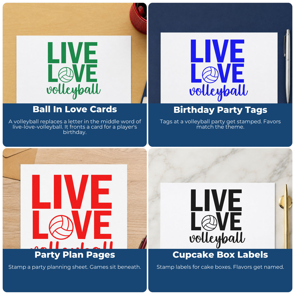 Four ways to use the Live Love Volleyball Ball Lettering Stamp – Wood Handle: ball in love cards, birthday party tags, party plan pages and cupcake box labels.