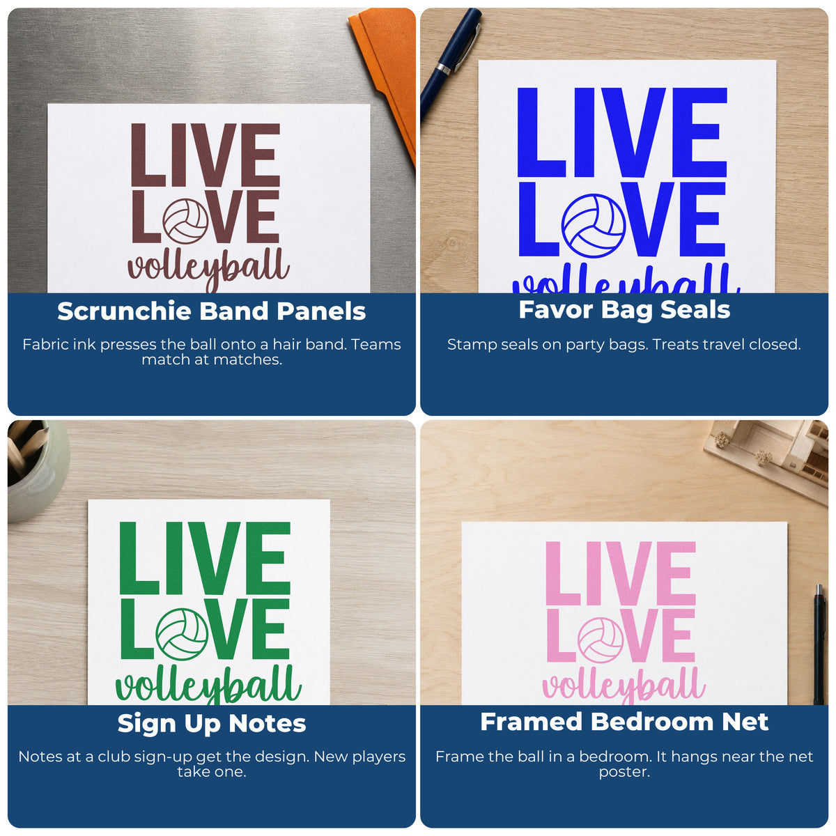 Four ways to use the Live Love Volleyball Ball Lettering PSI Pre-Inked Stamp: scrunchie band panels, favor bag seals, sign up notes and framed bedroom net.