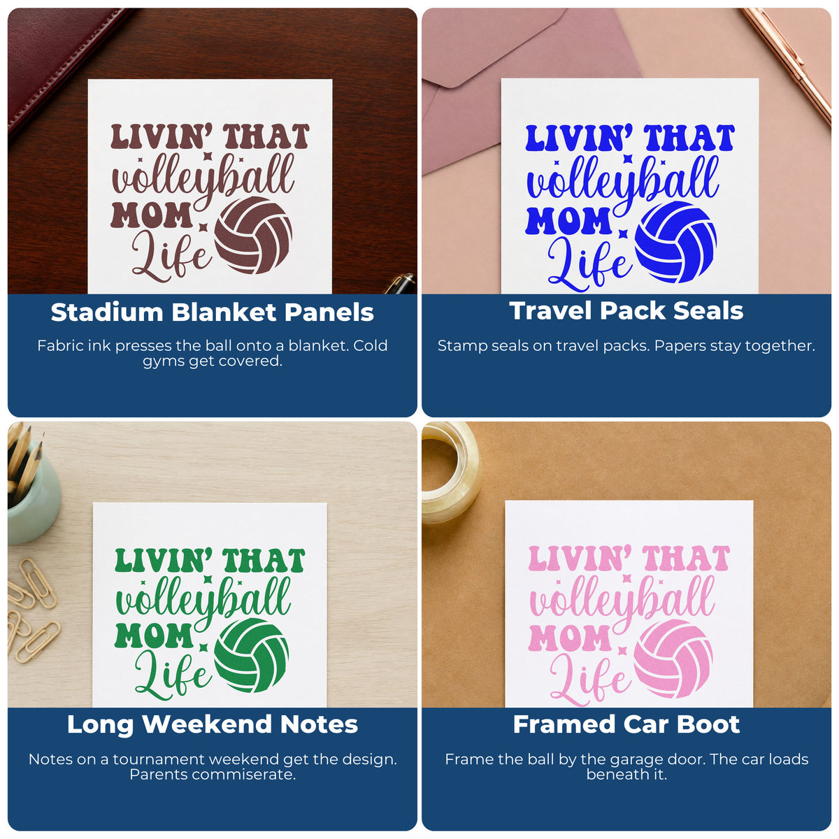 Four ways to use the Livin' That Volleyball Mom Life With Stars Slim Pre-Inked Stamp: stadium blanket panels, travel pack seals, long weekend notes and framed car boot.