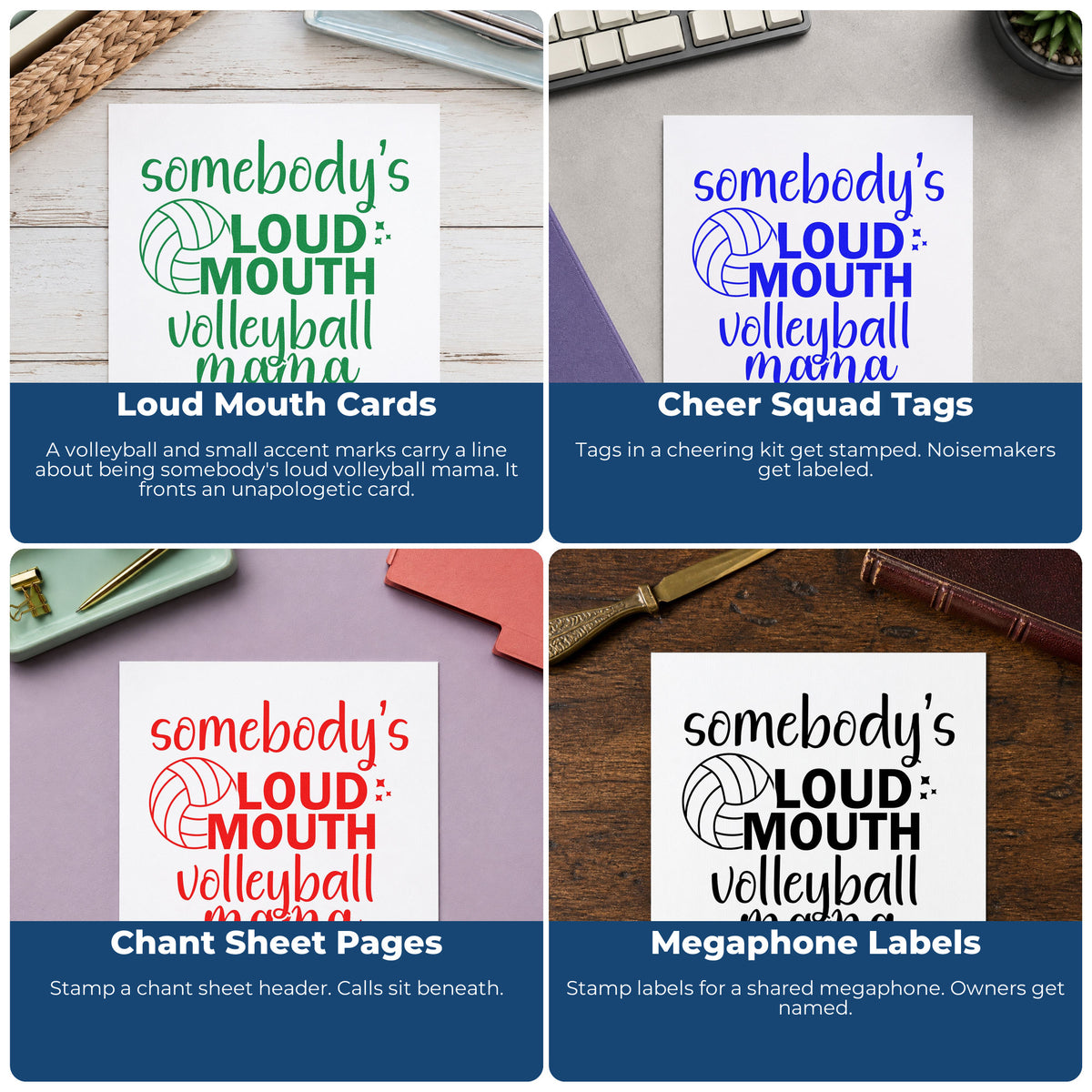 Four ways to use the Loud Mouth Volleyball Mama Wood-Mounted Rubber Stamp: loud mouth cards, cheer squad tags, chant sheet pages and megaphone labels.