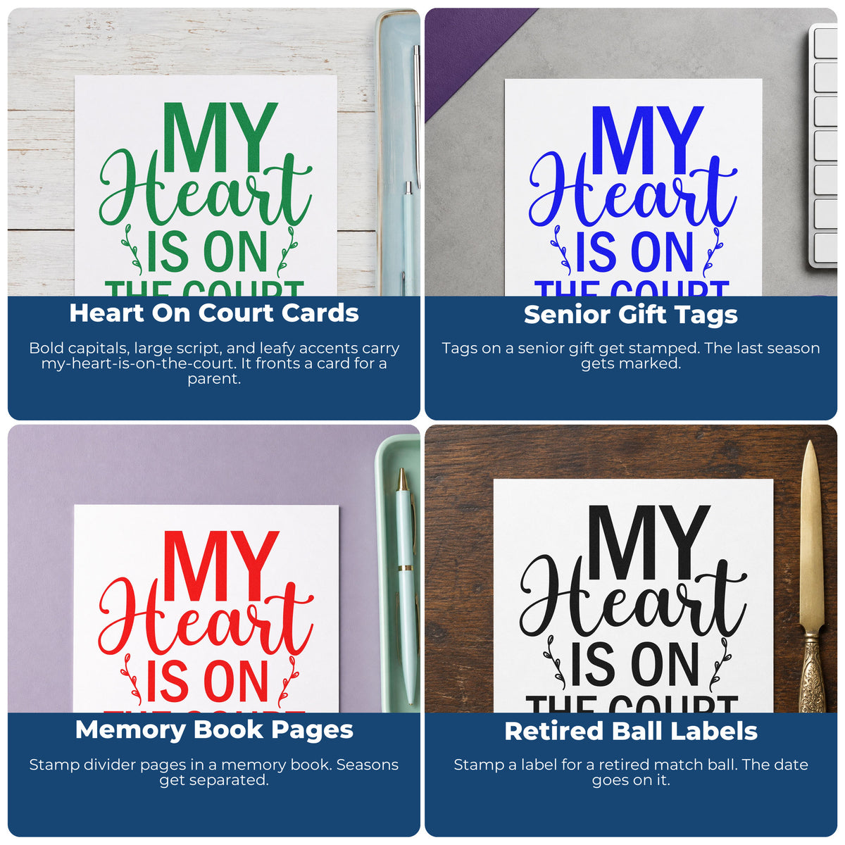 Four ways to use the My Heart Is On The Court Slim Pre-Inked Stamp: heart on court cards, senior gift tags, memory book pages and retired ball labels.
