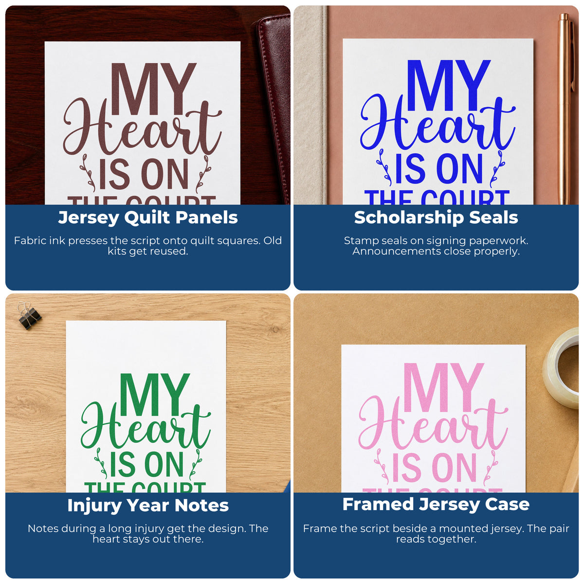 Four ways to use the My Heart Is On The Court Rubber Stamp – Wood Handle: jersey quilt panels, scholarship seals, injury year notes and framed jersey case.