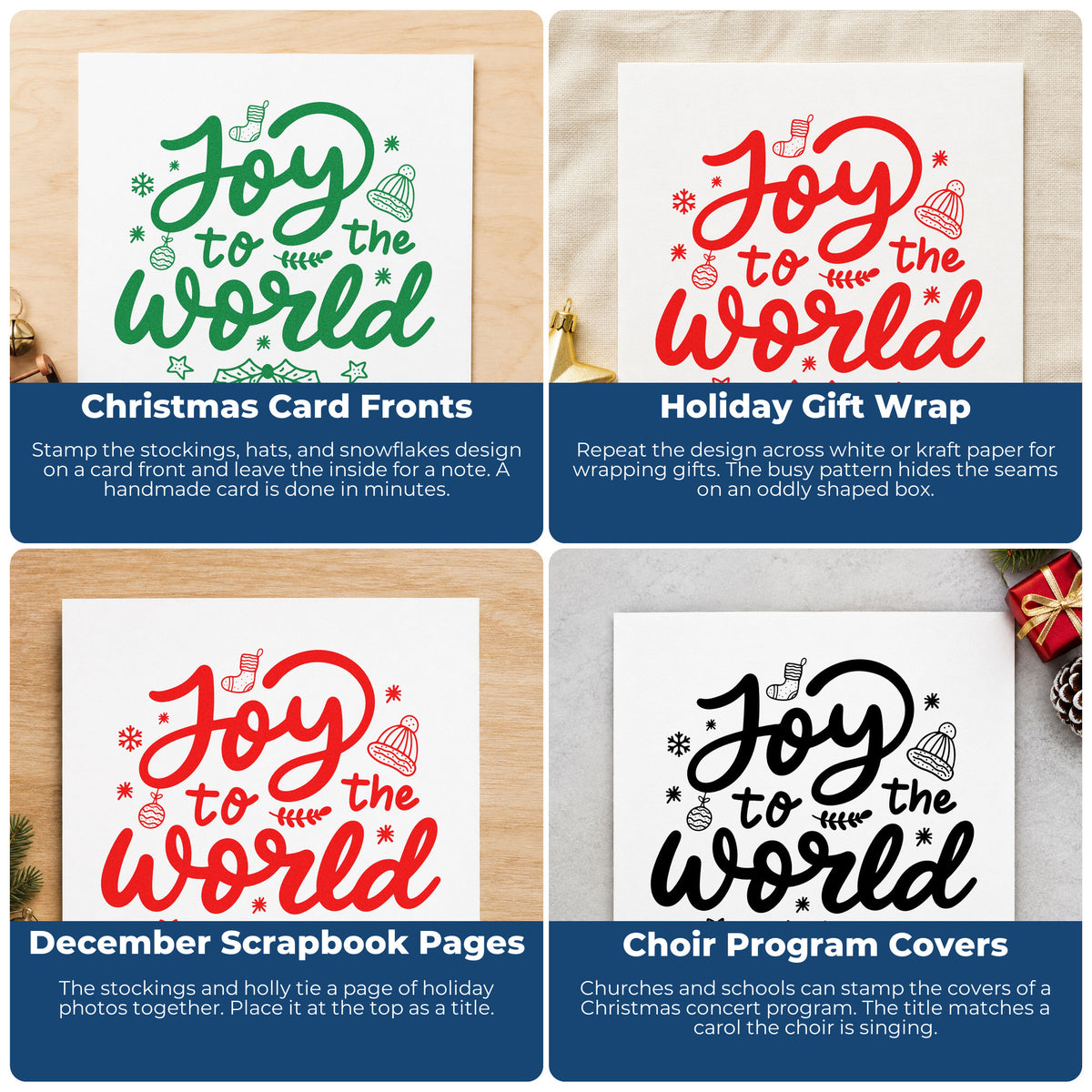 Four ways to use the Joy To The World Rubber Stamp – Duo Hand: christmas card fronts, holiday gift wrap, december scrapbook pages and choir program covers.
