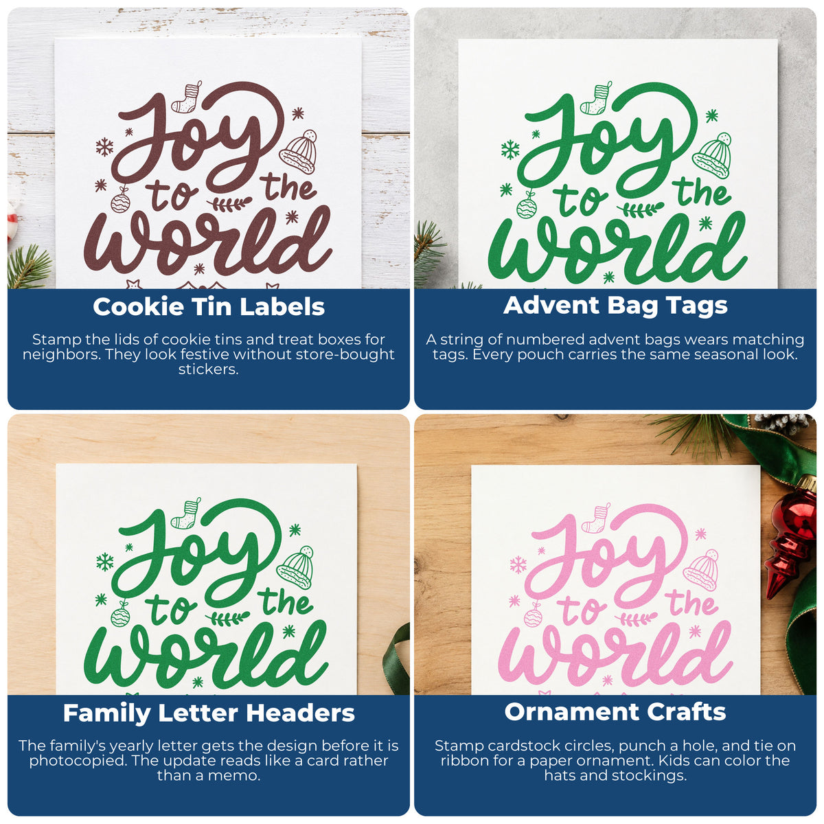 Four ways to use the Joy To The World Rubber Stamp – Duo Hand: cookie tin labels, advent bag tags, family letter headers and ornament crafts.