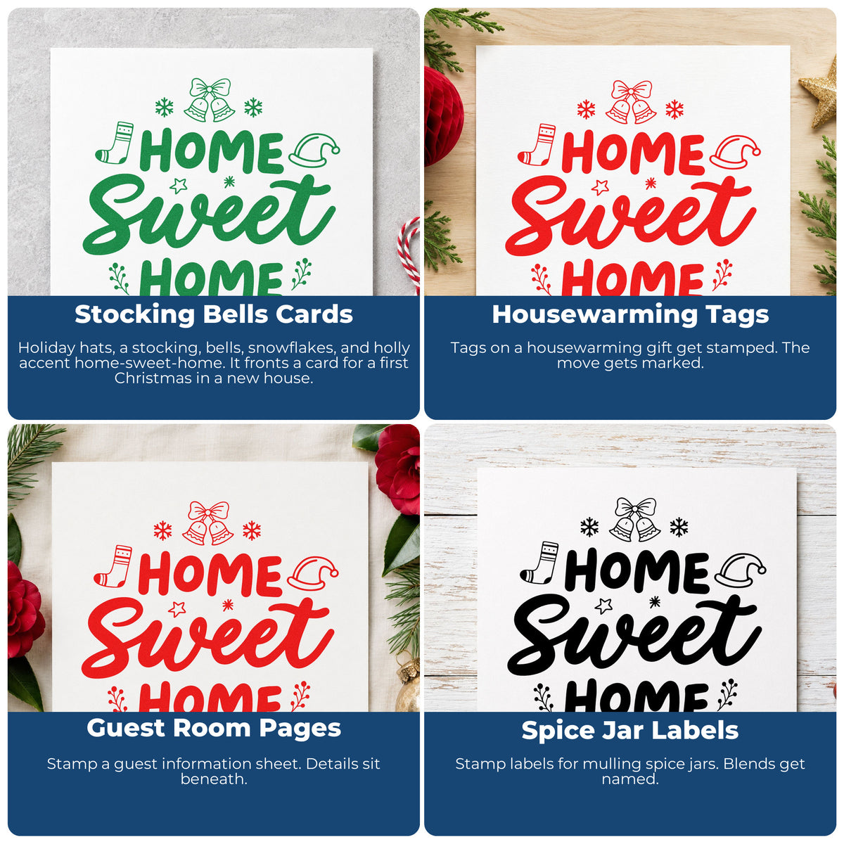Four ways to use the Home Sweet Home Christmas Holly Pre-Inked Stamp – Slim: stocking bells cards, housewarming tags, guest room pages and spice jar labels.