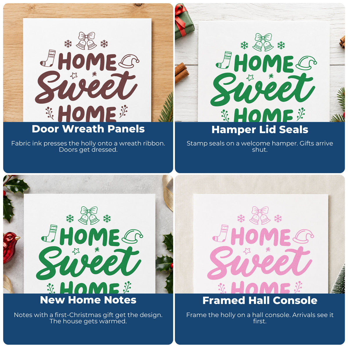 Four ways to use the Home Sweet Home Christmas Holly Hand Stamp – Duo: door wreath panels, hamper lid seals, new home notes and framed hall console.