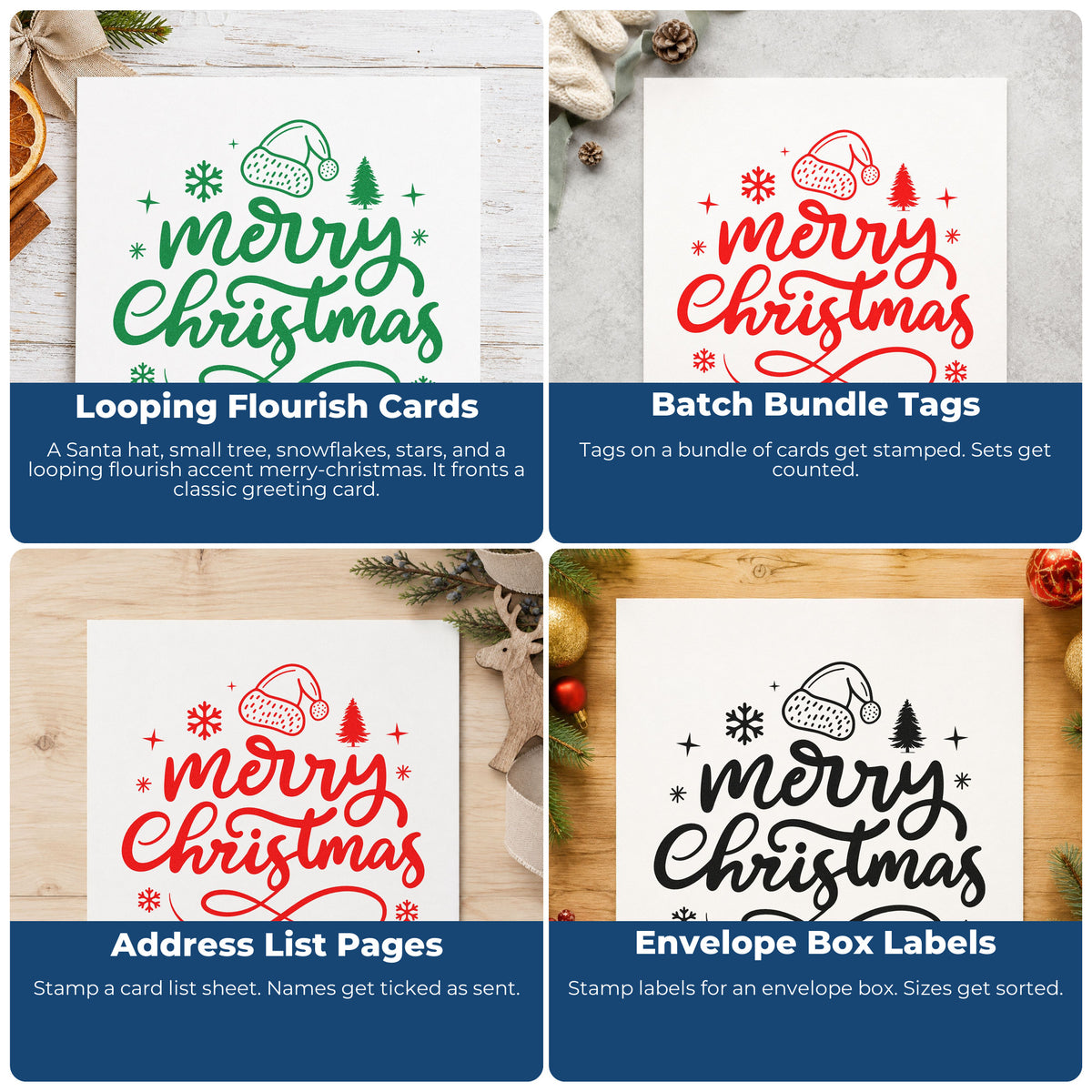 Four ways to use the Merry Christmas Hat And Tree Premium Wood-Mounted Stamp - Vintage Pro: looping flourish cards, batch bundle tags, address list pages and envelope box labels.