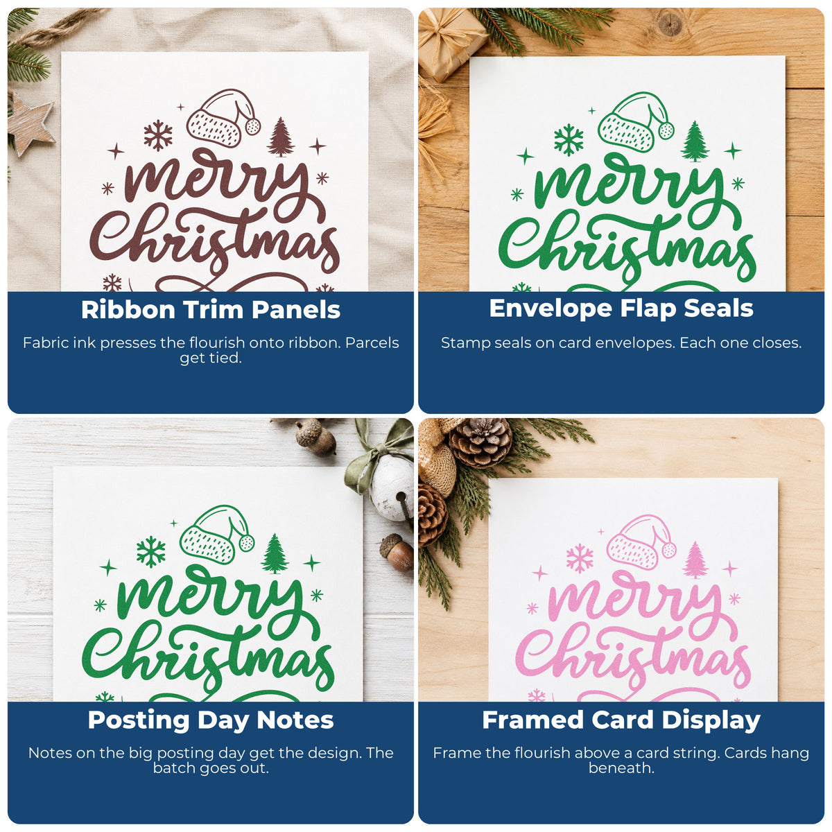 Four ways to use the Merry Christmas Hat And Tree Premium Wood-Mounted Stamp - Vintage Pro: ribbon trim panels, envelope flap seals, posting day notes and framed card display.