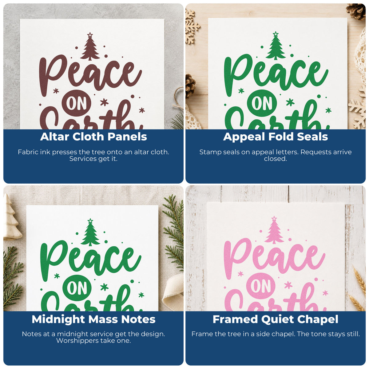 Four ways to use the Peace On Earth Tree Pre-Inked Stamp – PSI: altar cloth panels, appeal fold seals, midnight mass notes and framed quiet chapel.