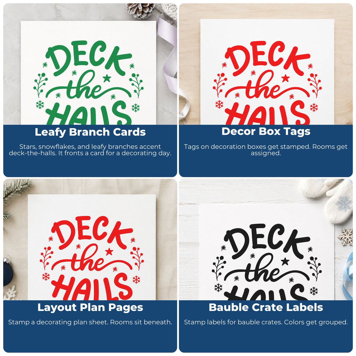 Four ways to use the Deck The Halls Sprigs Rubber Stamp – Wood Handle: leafy branch cards, decor box tags, layout plan pages and bauble crate labels.