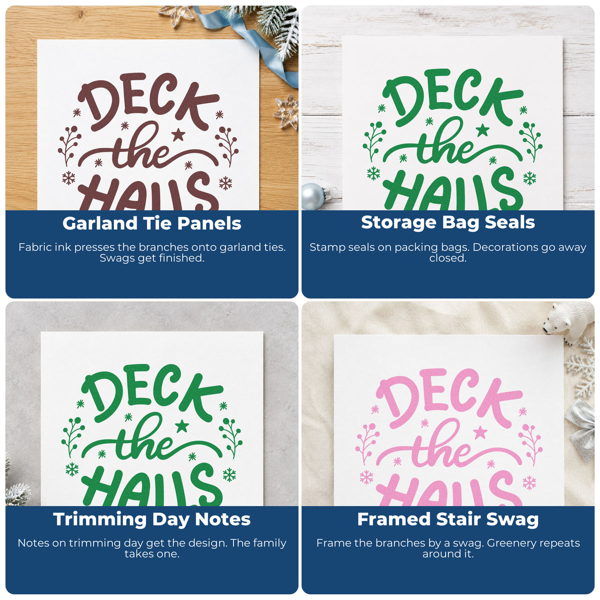 Four ways to use the Deck The Halls Sprigs Rubber Stamp – Wood Handle: garland tie panels, storage bag seals, trimming day notes and framed stair swag.