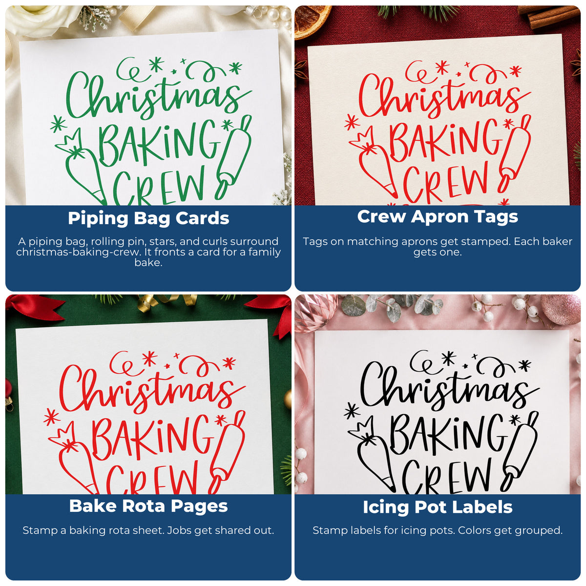 Four ways to use the Christmas Baking Crew Rolling Pin Rubber Stamp – Wood Handle: piping bag cards, crew apron tags, bake rota pages and icing pot labels.