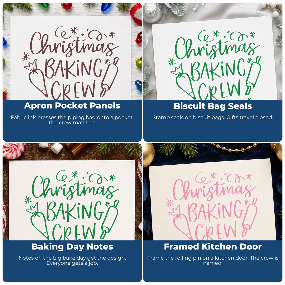 Four ways to use the Christmas Baking Crew Rolling Pin Duo Hand Stamp: apron pocket panels, biscuit bag seals, baking day notes and framed kitchen door.