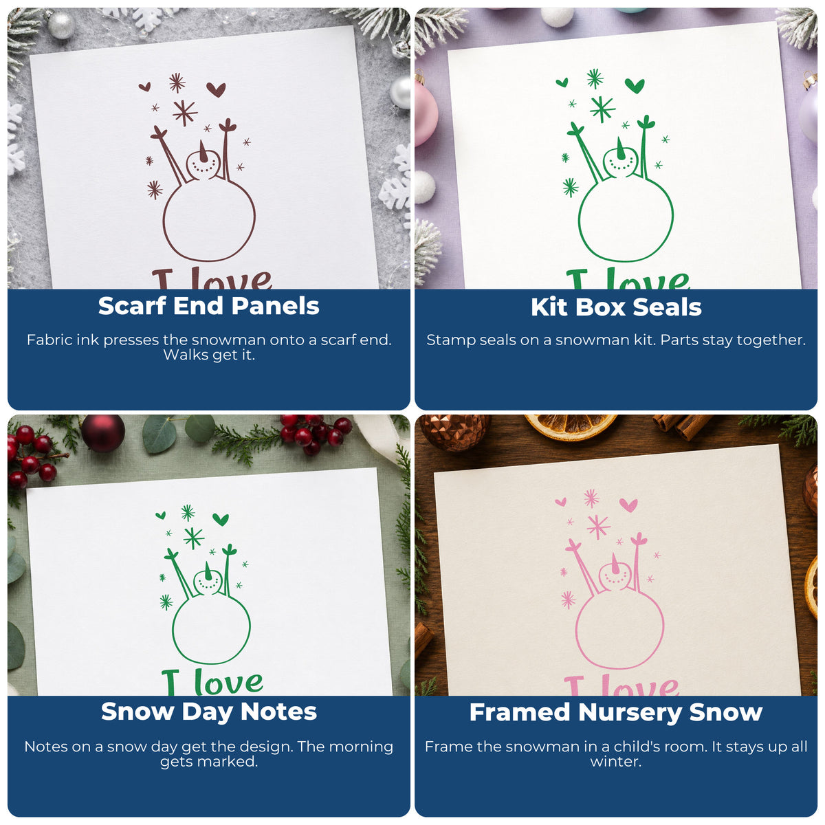 Four ways to use the I Love Snow Snowman With Hearts Hand Stamp – Duo: scarf end panels, kit box seals, snow day notes and framed nursery snow.