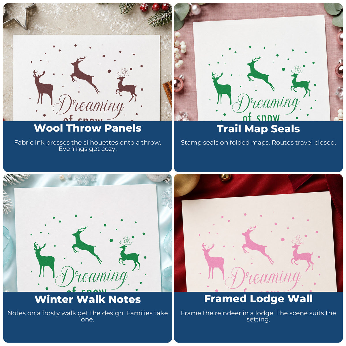 Four ways to use the Snow Dreams With Reindeer Stamp – Duo Hand: wool throw panels, trail map seals, winter walk notes and framed lodge wall.