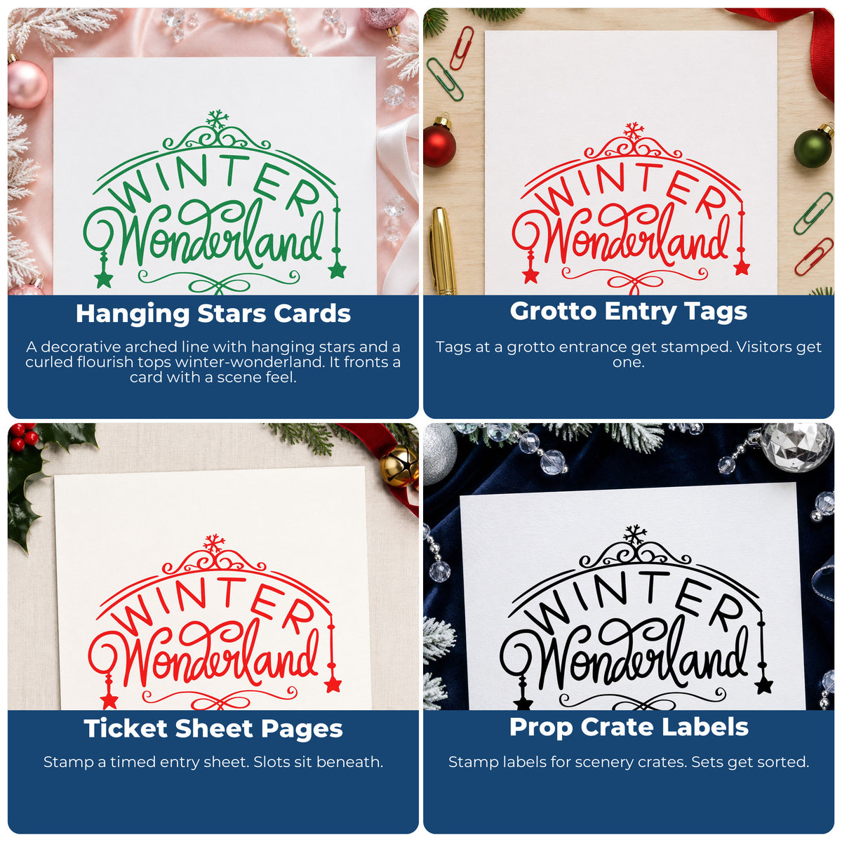 Four ways to use the Winter Wonderland Ornate Arch Premium Wood-Mounted Stamp - Vintage Pro: hanging stars cards, grotto entry tags, ticket sheet pages and prop crate labels.