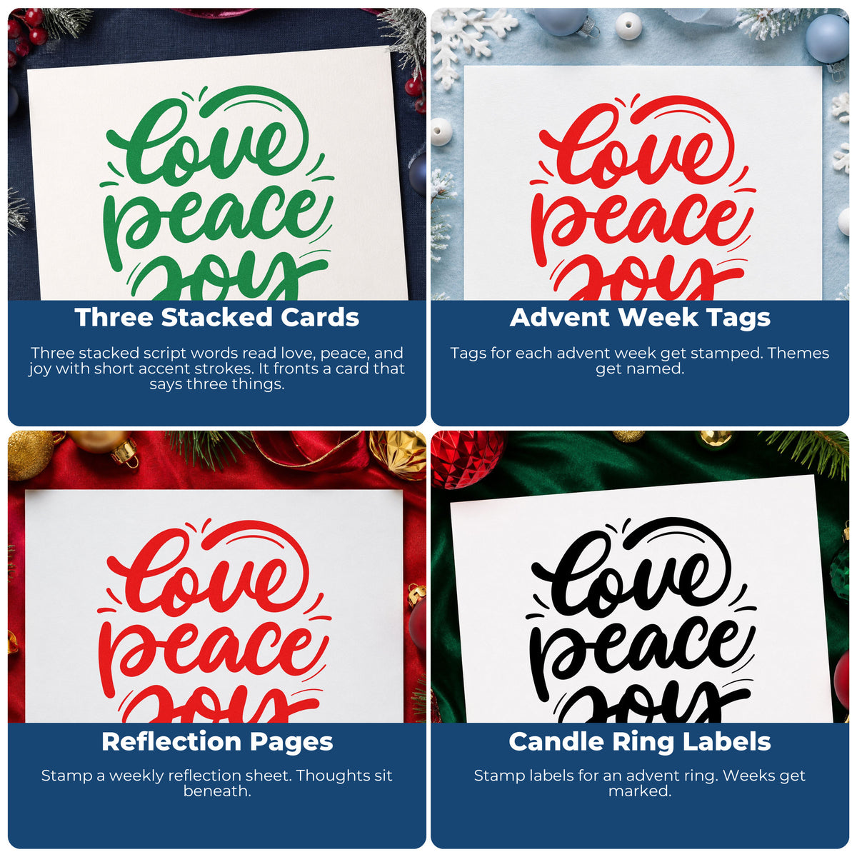 Four ways to use the Love Peace Joy Hand Stamp – Duo: three stacked cards, advent week tags, reflection pages and candle ring labels.
