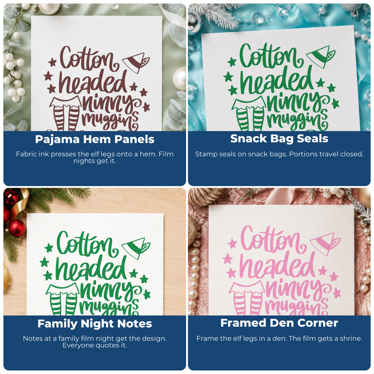 Four ways to use the Cotton Headed Ninny Muggins Premium Wooden Stamp - Vintage Pro: pajama hem panels, snack bag seals, family night notes and framed den corner.