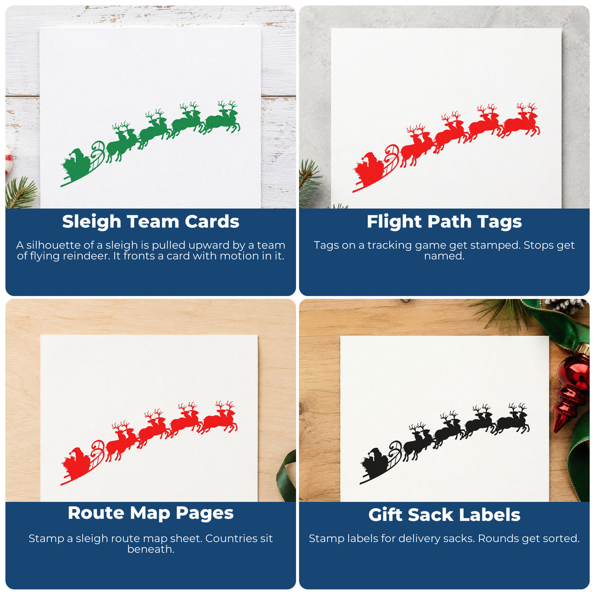 Four ways to use the Reindeer And Santa Sleigh Scene Compact Pre-Inked Stamp – Slim: sleigh team cards, flight path tags, route map pages and gift sack labels.