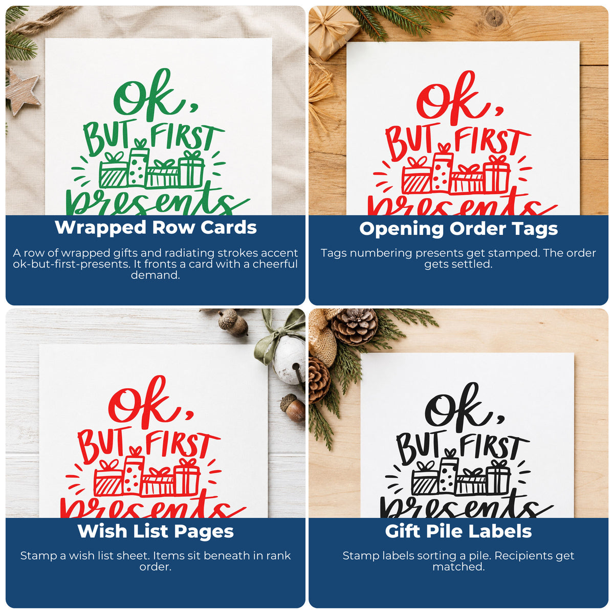 Four ways to use the Slim Pre-Inked OK But First Presents Stamp: wrapped row cards, opening order tags, wish list pages and gift pile labels.